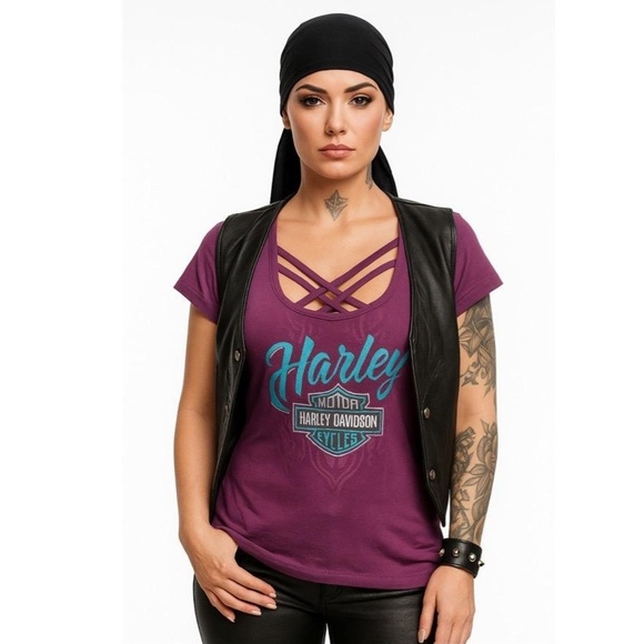 Harley-Davidson Purple Short Sleeve Criss Cross Neckline Logo V Neck T Shirt M - Picture 1 of 6